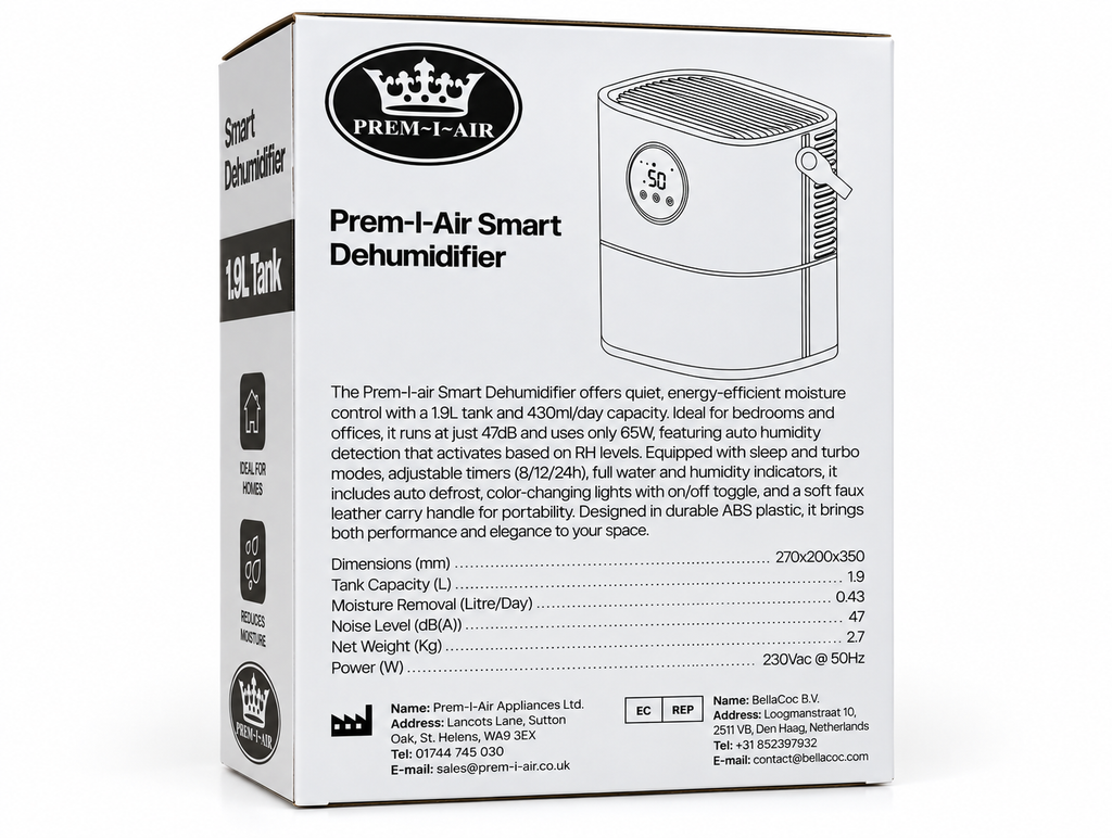 Prem-i-air 1.9L Smart Portable Dehumidifier – 430ml/Day Electric Mini Dehumidifier for Bedroom & Home, 55W Low Energy, Auto Humidity Sensor, Quiet 47dB, Timer, Sleep & Turbo Mode