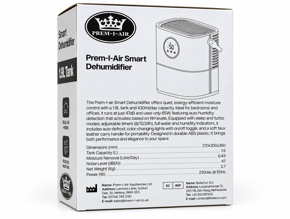 Prem-i-air 1.9L Smart Portable Dehumidifier – 430ml/Day Electric Mini Dehumidifier for Bedroom & Home, 55W Low Energy, Auto Humidity Sensor, Quiet 47dB, Timer, Sleep & Turbo Mode